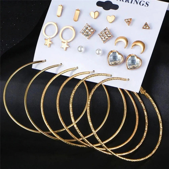 🌸12 Pair 14k Gold Plated Geometric Crystal Stud Earring Set Mix for Women, F271 - Picture 5 of 6
